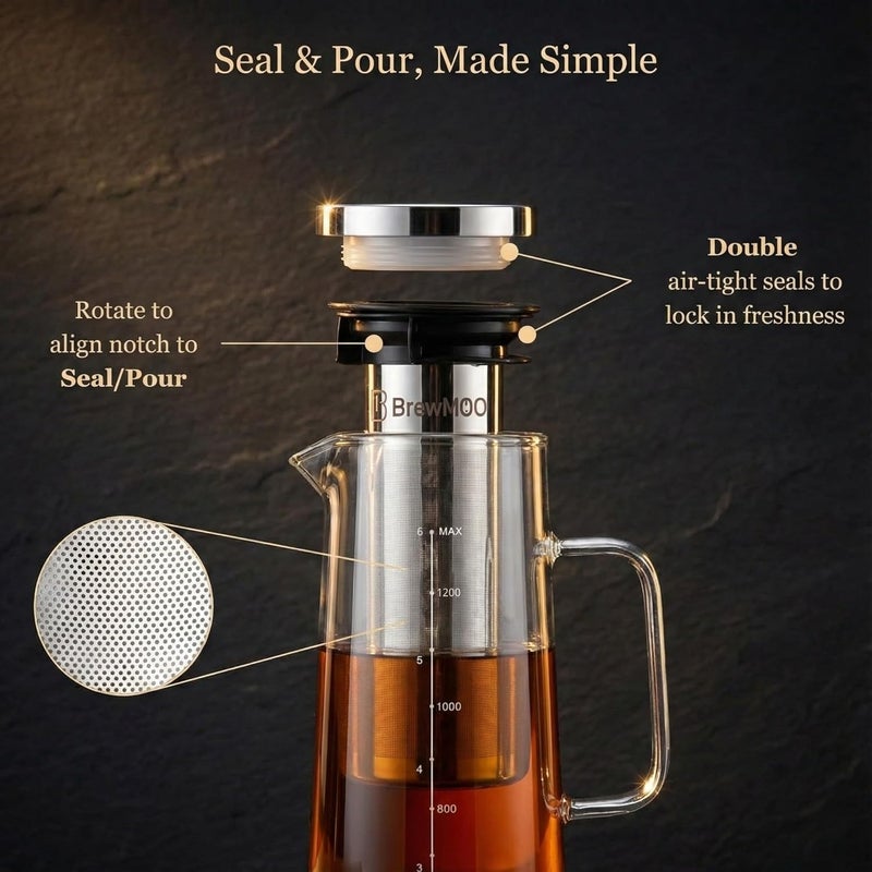BrewMOO - Airtight Cold Brew Coffee Maker Pitcher, 1.4L/48Oz Thick Glass Carafe with Filter, Comfort Sturdy Handle & Wide Spout, Non-Slip Base | Iced Tea Maker (Black) - Image 5